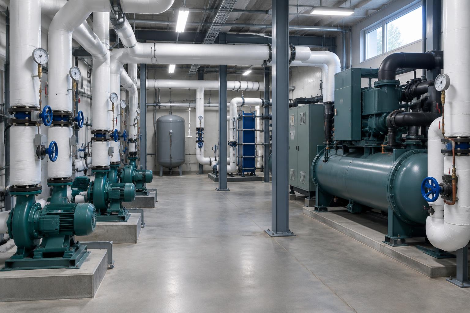 Insulated piping, pumps and a chiller in a commercial plant room