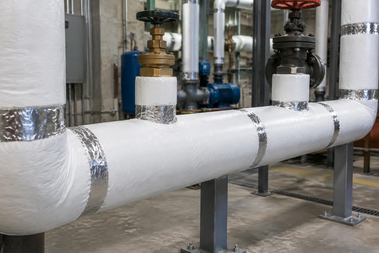 Fiberglass pipe insulation with ASJ jacketing on a commercial steel pipe header
